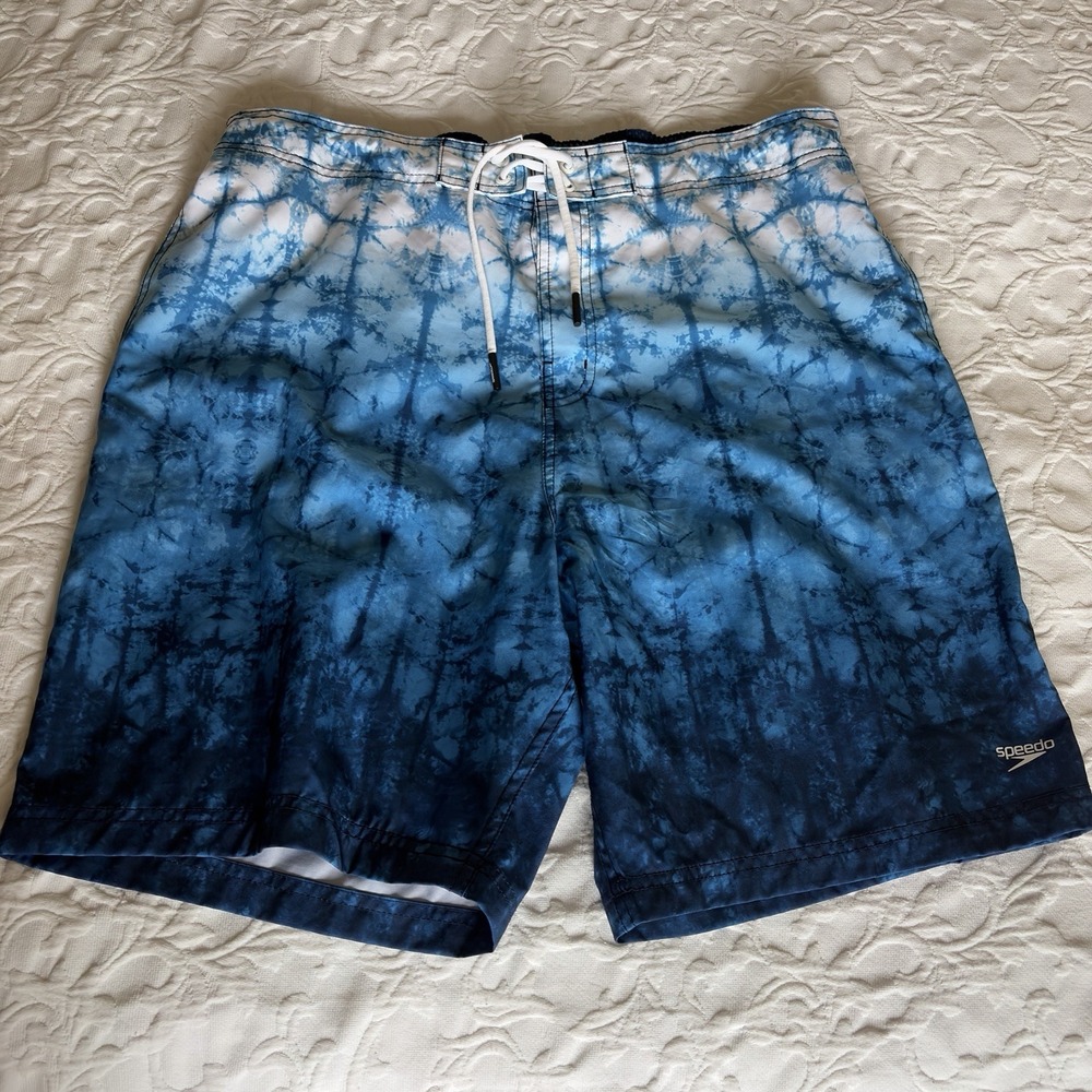 Speedo Mens XL x 9" Board Shorts Blue Tie Dye Swim Trunks Lined Drawstring Surf